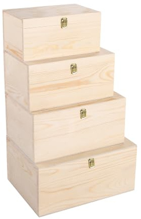 green leaves Natural Finish Wooden Storage Box DIY Crate With Hinged Lid And Locking Clasp (Set: XL+L+M+S)