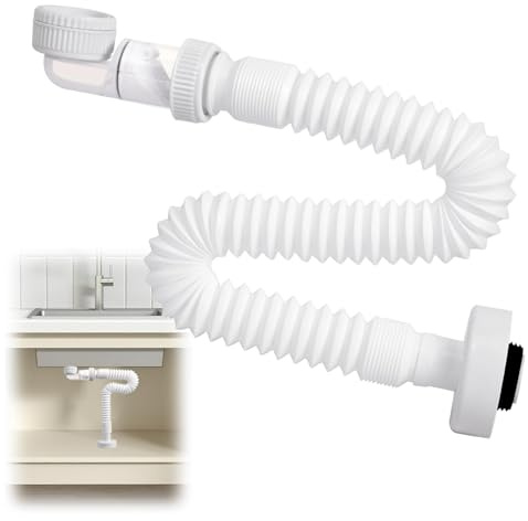 TayBong Sifone Flessibile da 1 1/4 Pollici, Sifone Salvaspazio con Antiodore per Lavabo Bagno, Tubo di Scarico Estensibile 360° per Cucina e Bagno (Bianco)