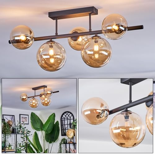 HOFSTEIN Deckenleuchte Chehalis, 5-flammige Deckenlampe aus Metall/Glas in Schwarz/Bernstein, moderne Leuchte im Retro/Vintage-Design (Schirme Ø 12; 15 cm), G9, Esszimmer, Wohnzimmer, Schlafzimmer