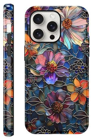 Phoona Colorful Flower Pattern Case for iPhone 15 Pro Max 6.7, Aesthetic Trendy Stylish Dsign for Girl Women, Shockproof Slim Soft TPU and Hard PC Frosted Double Protective Cover