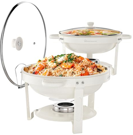 WARMOUNTS Chafing Dishes Buffet 5L 2er Set Weiße, Maifan Stein Beschichtung Rund Speisenwärmer für Catering mit Glasdeckel & Deckelhalter, Hochglanzpoliert Edelstahl Stapelbar für Feiern, Hochzeit