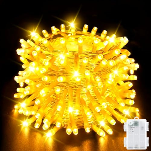 HELANYE 10M Luces de Navidad con Pilas, 8 Modos con Temporizador, IP44 Impermeable Guirnalda de Luces para Jardín, Fiesta, Árbol de Navidad y Decoración de Habitaciones - Cable Transparente