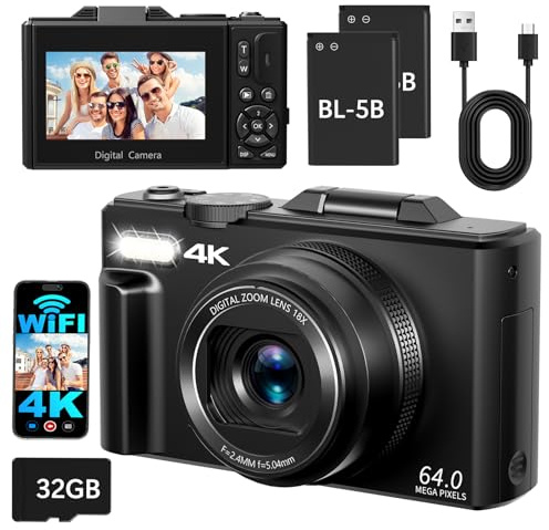 4K Digitalkamera mit WLAN, 180° Flip Screen Autofokus 64MP Vlogging Fotoapparat mit Selfie, WiFi Kompaktkamera, 16X Digitalzoom,mit 32GB Karte 2 Batterien für Anfänger