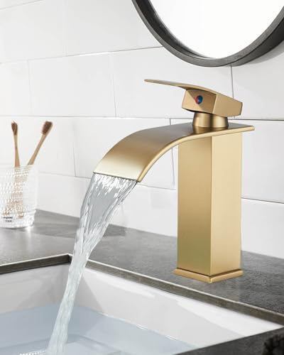 Moderne Robinet Salle de Bain Cascade, Design Elégant Robinet Lavabo, Eau Chaude et Froide Disponible,Robinet Mitigeur de Salle de Bain à Cascade à Trous,Finition Dorée Brossée