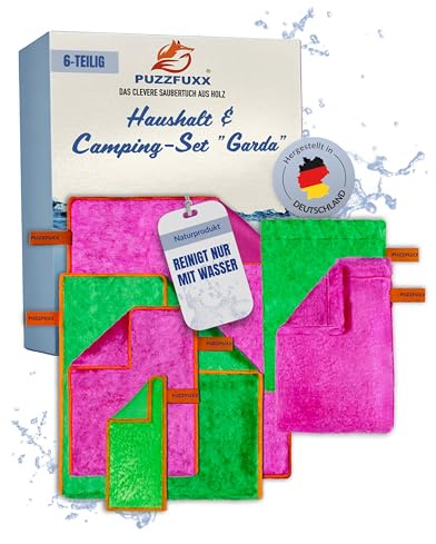 PUZZFUXX Haushalt & Camping Set 6-teilig, selbstreinigend, Garda | Campingset, Wohnmobil, Komplettset, Reiseset, Reinigungstuch, Waschhandschuh, Poliertuch, ohne Chemie, nachhaltig, Outdoor