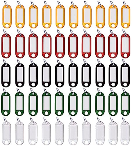 50 Stück Schlüsselanhänger zur Beschriftung Beschriftbar Farbig Bunt - Schlüsselschilder zum Beschriften mit Ring auswechselbarem Etikett in Schwarz, Rot, Gelb, Weiß, Grün Kunststoff
