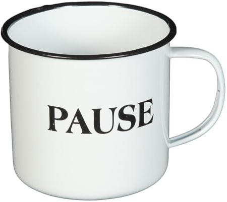 Tasse Becher Emailletasse Kaffeetasse Teetasse Emaille weiß Nostalgie 'PAUSE'