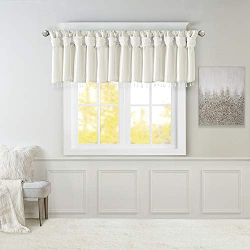 Madison Park Emilia Volant aus Kunstseide, zum Selbermachen, gedrehte Schlaufen mit Perlen, Fenstervolant für Wohnzimmer, Schlafzimmer und Wohnheim, 66 cm L x 127 cm B, Weiß
