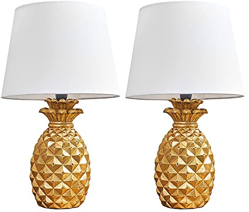 MiniSun | Pair of - Contemporary Pineapple Design Table Lamps in a Gold Effect Finish with White Tapered Shades | Table Lamps & Home Improvements Essential