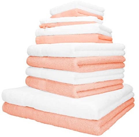 Betz 12-TLG. Handtuch-Set Palermo 100% Baumwolle 2 Liegetücher 4 Handtücher 2 Gästetücher 2 Seiftücher 2 Waschhandschuhe Farbe apricot und weiß