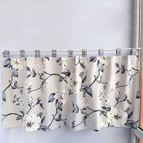 MANG Baumwolle Küchengardine Blumen Druck Scheibengardine Landhaus Bistrogardine Blickdicht Kurzstore Gardine Schlaufenschal Weiß Blau