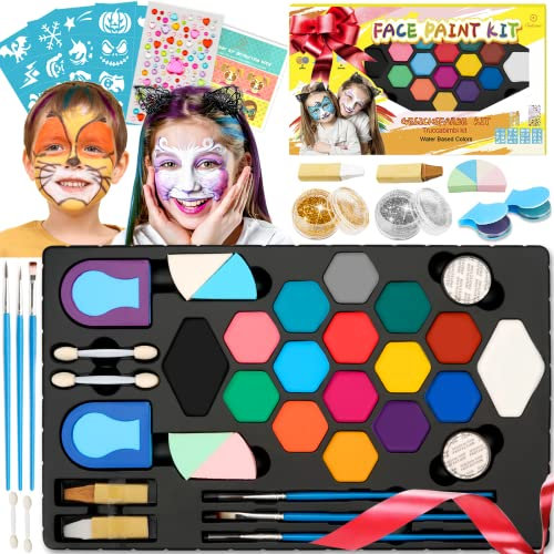 Kinderschminke Fasching, Karnevalsschminke Set Mädchen, 16+2 Große Professionelle Schminkfarben mit Haarkreide, Glitzer, 116 Strasssteine, 32 Schablonen - Kinder Schminke Geschenk für Karneval, Party