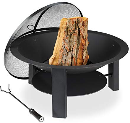 Relaxdays Feuerschale mit Funkenschutz, Garten & Terrasse, mit Schürhaken, Outdoor Feuerstelle, Guss, D: 73 cm, schwarz