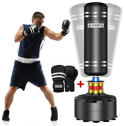 Kitopa Boxsack Stehend, 178CM Freistehender Boxsack mit Training SchaumstoffhüLse, MMA Boxsack Set mit Starken Saugnapf Basis-für Fitnessstudio (Boxsack mit Boxhandschuhen+schwarzem)