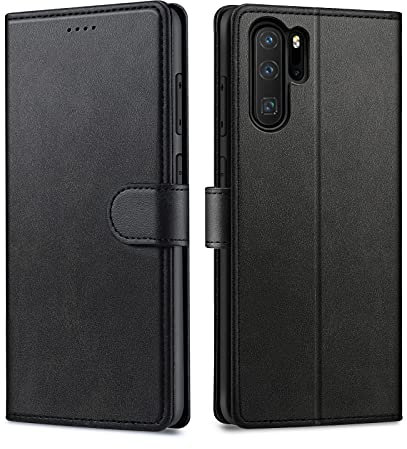 Focusor Handyhülle für Huawei P30 Pro Hülle Leder, Lederhülle für Huawei P30 Pro, Handyhülle für Huawei P30 Pro Leder Flip Case Ständer PU Brieftasche Schutzhülle für Huawei P30 Pro Cover, Schwarz