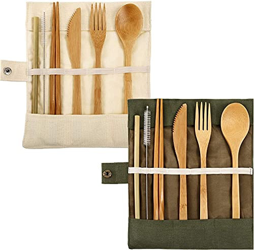 Juego de Cubiertos Ecológicos 2 Juegos de Utensilios de Viaje Incluye Cuchillo Cuchara Tenedor Palillos Pajitas Reutilizables (Beige y Verde)