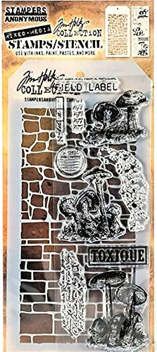 Tim Holtz Collection Stamper's Anonymous Tim Holtz Ziegel und Steine mit Pilzen, gemischte Medien, Stempel und Schablonen-Set THMM112