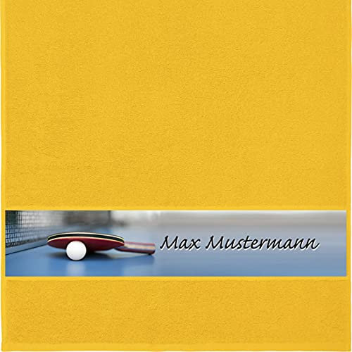 Manutextur Handtuch mit Namen - personalisiert - Motiv Tischtennis - viele Farben & Motive - Dusch-Handtuch - gelb - Größe 50x100 cm - persönliches Geschenk mit Wunsch-Motiv und Wunsch-Name