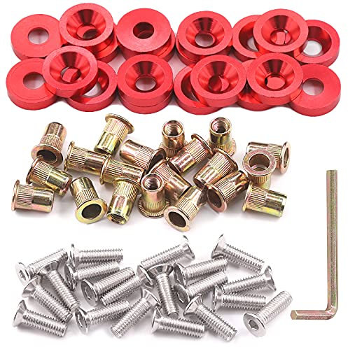 Glarks Lot de 61 rondelles rouges M6 en aluminium pour pare-chocs de voiture - Rondelles de finition CNC - Boulons en acier inoxydable et écrous à rivets en acier au carbone pour pare-chocs de