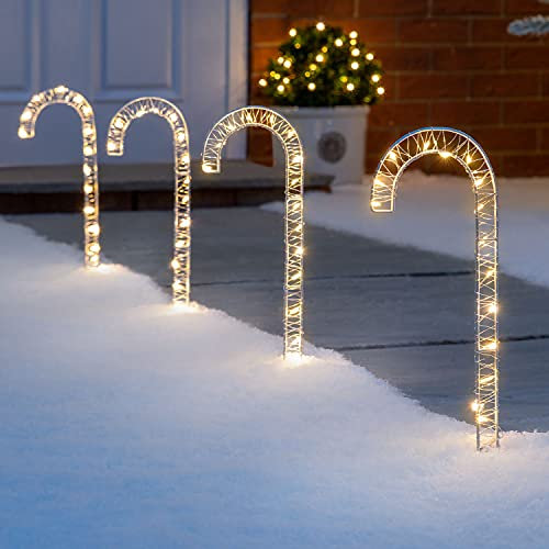 Christow Candy Cane Christmas Lights, Outdoor Path Stake Decorations, Flashing Micro LED, Battery Operated with Timer, 4 x 30cm (Warm White)