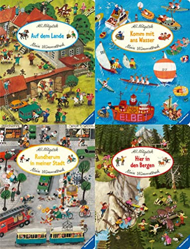 Land - Wasser - Stadt - Berge: 4 Wimmelbücher im Set + 1 exklusives Postkartenset