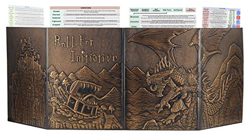 DND Dungeon Master Screen Kunstleder geprägter Drache & Mimik, Vier-Panel mit Taschen DM Bildschirm für Dungeons and Dragon, Pathfinder, D&D