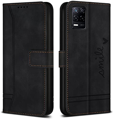 Bravoday Hülle für Oppo Realme 8 5G, PU Ledertasche Handyhülle Flip Schutzhülle Kompatibel mit Oppo Realme 8 5G, mit Kartenfäch & Kickstand, Schwarz