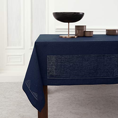 Solino Home Leinen-Tischdecke 60x144 Zoll,Marineblau, 100% reines Leinen, rechteckige Tischdecke für Frühling, Sommer, Hochzeit, Indoor,Klassischer Hohlsaum, handgefertigt und maschinenwaschbar