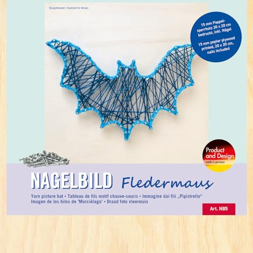 Pebaro NB5 Nagelbild Kreativ Set, Bastelset, Fadenbild, Fadenspannbild, String Art, mit vorgedrucktem Motiv Fledermaus, inkl. Nägel, Basteln mit Holz, kreative Geschenkidee, Dekoartikel