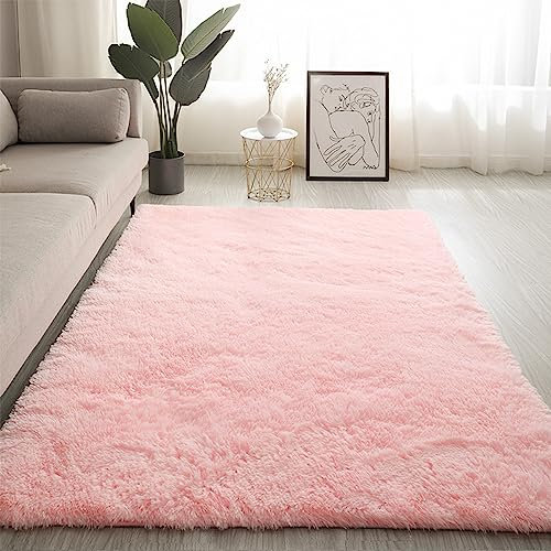 Swsen Tapis Salon Shaggy Longs Super Doux - Tapis Shaggy Moelleux Dessous Antidérapant - Tapis Chambre Moderne Lavable à Poils Longs 140 x 200 cm, Rose Bébé