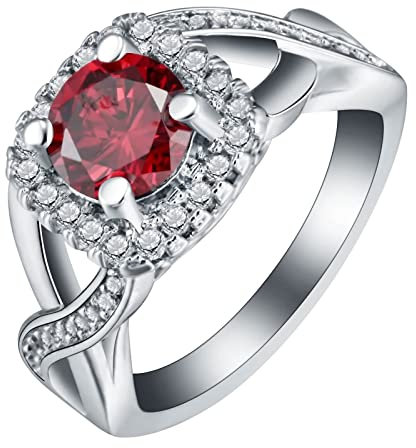 ANAZOZ Anillo Mujer Aniversario,Anillo Mujer Cobre Anillos 4 Garras con Redondo Circonita Plata Rojo Anillo Matrimonio Anillos Tamaño 17(57mm)