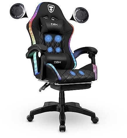 IBK Sedia da Gaming professionale, similpelle, massaggiante, supporto lombare, Led RGB, casse bluetooth, regolabile in altezza, schienale reclinabile, pistone a gas classe 3, Ufficio PC (Nero)
