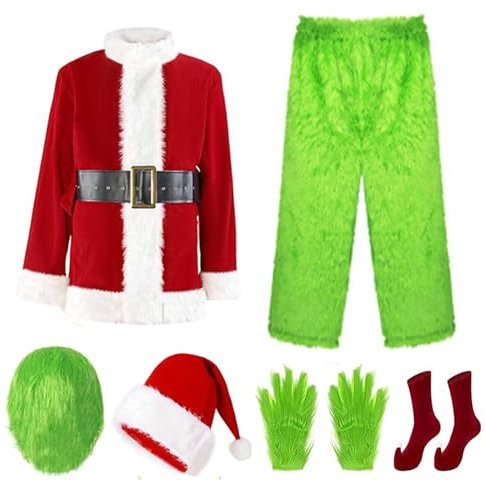 Aunaeyw Green Monster Christmas Santa Claus Costume Set Deluxe Furry Fancy Dress Outfit Halloween Xmas Funny Cosplay Costume Props for Women Men How Stole Christmas Costume Set