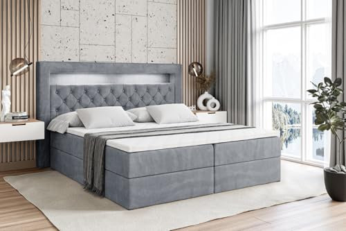 ALTDECOR Boxspringbett mit Matratze und Lattenrost, LED Boxbett, Topper, Polsterbett mit Bettkasten, Bett mit Stauraum H4-Matratze, Doppelbett, Springboxbett - Noel Gold - 180x200 - Grau Samt