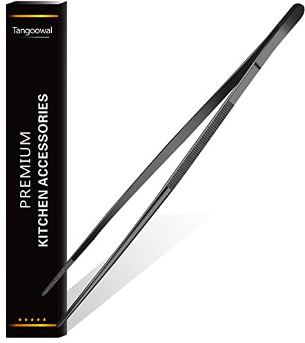 Tangoowal 12-Inch Black Kitchen Fine Cooking Tweezers Tongs,Stainless Steel Long Food Tweezers Tongs
