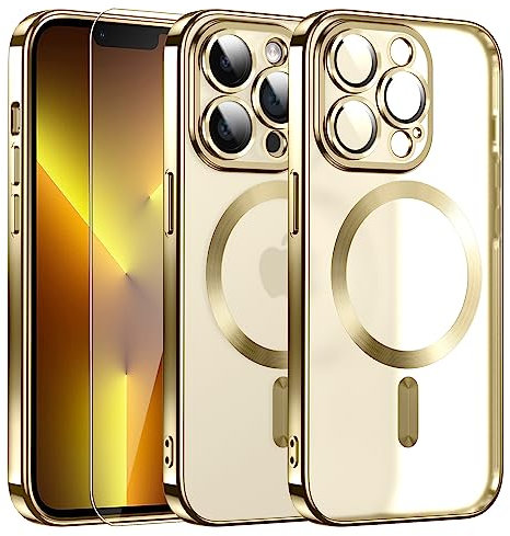 DOSNTO Magnetic for iPhone 13 Pro Max Case with MagSafe [ Integrated Camera Protecion] Translucent Matte Soft Slim Cover, 10FT Military Grade Drop Tested [Anti-Scratch] Wireless Charging Gold