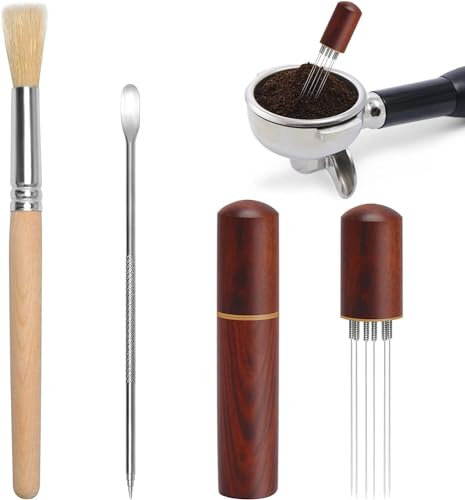 CHEYLIZI Espresso Distribution Tool 6 Needle Espresso Coffee Stirrer 0.4mm Thick Espresso Stirrer with Nature Wood Handle and Stand Coffee Stirrer Tool with Coffee Art Pen and Coffee Brush for Barista