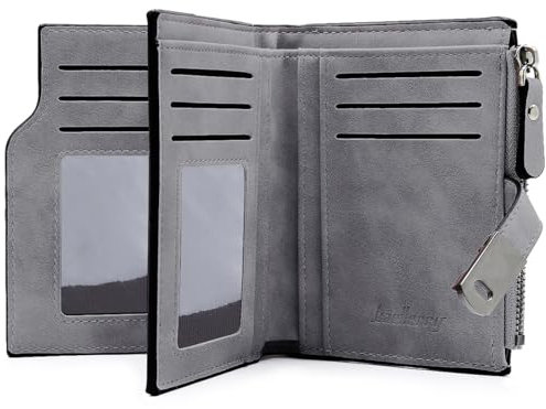 GOUNNU Geldbeutel Klein Damen, PU Leder Mini Geldbörse Klein und im Kurzformat Portemonnaie Damen Viele Fächer Portmonee mit 16 Kartenfächer und Reißverschluss Münzfach (grau)