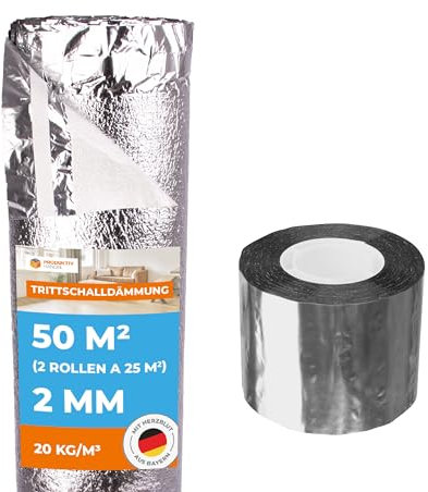 Trittschalldämmung PREMIUM SILVER 50 m² 2 Rollen + 1 Rolle Aluminium Klebeband | mit Dampfsperre, Schall- und Wärmedämmung für Parkett und Laminat Fußbodenheizung