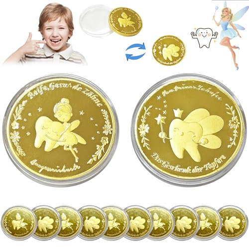 NVTRSD Zahnfee Münzen, 10 Stück Zahnfee Goldmünzen mit Positiven Botschaften, Zahnfee Präsent für Mädchen und Jungen, Verlorener Zahn Souvenir