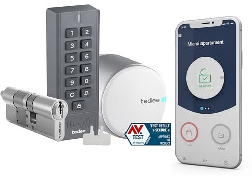 tedee Go Smart lock mit Tastatur, Zylinder 30-61/30mm und Bluetooth, elektronisches Schloss mit Code verwandelt Ihr Smartphone in einen Schlüssel, smartes Türschloss Sicherheit mit AV-TEST, Silber