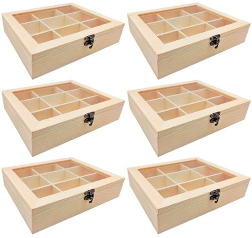 Tradineur - Pack de 6 Cajas de Madera con 9 Compartimentos y Tapa con Cristal, Expositor de Joyas, Organizador, joyero, Collares, Relojes, 4,8 x 21,2 x 17,9 cm