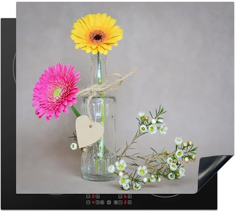KitchenYeah© Copri Piano Cottura 60x52 cm Coprifornelli Tappetino per Induzione Fornello Tutto per la Cucina Fiori - Primavera - Vaso - Giallo - Rosa - Natura morta