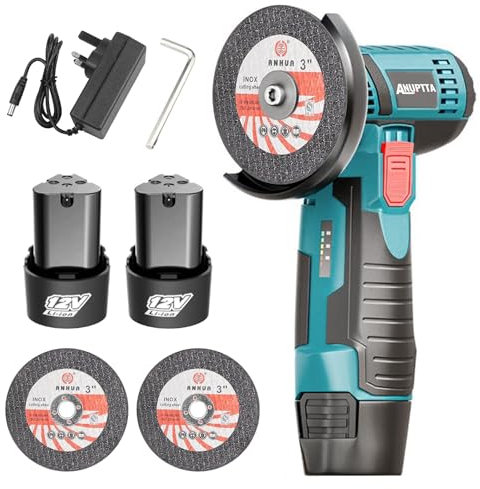 Akku-Winkelschleifer, Bürstenlo Trennschleifer Scheibe 76mm Schleifen mit 2x 3000mAh Akku, 3 Zubehör, 12V zum Entfernen von Farbe und Mörtel, zum Schleifen, Schneiden
