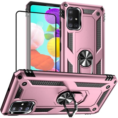 für Samsung A51 Hülle mit Schutzfolie: Doppelschicht Stoßfest Schlank Ganzkörperschutz Mit Ständer für Samsung Galaxy A51 (Roségold)