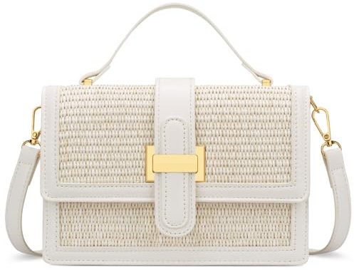 KKXIU Top Handle Straw Crossbody Bags for Women, Summer Straw Purses and Handbags Shoulder Clutch Beach Bag, A-white