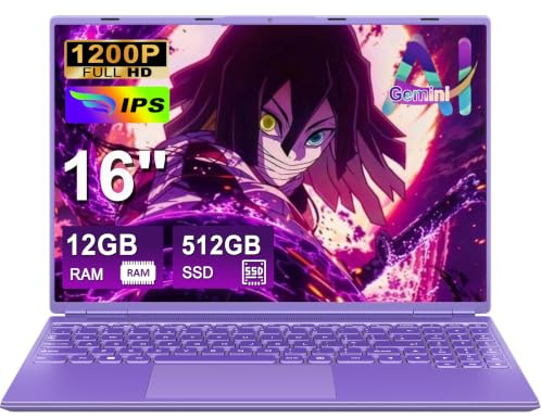NOTODD Ordenador Portátil 16 Pulgadas Celeron N5095 Up to 2.9Ghz | Portátil Win 11 5G WiFi 12+512GB SSD Expansión 1TB, BT 4.2 Mini Puerto Multimedia Portatiles Ventilador Refrigeración-Morado
