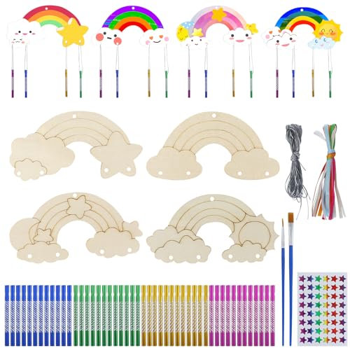 12 Stück Windspiel Bastelset Kinder, Regenbogen Holz Klangspiel Basteln Bastelhandwerk zum Bemalen Holz zum Bemalen für Mädchen Junge Kindergeburtstag