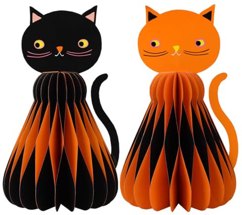 Talking Tables 2 x Halloween Cats Reusable Honeycomb Eco Paper Table Halloween Decorations Cat Shaped Centrepieces, Spooky Décor for Parties, Orange and Black 20cm - Plastic Free
