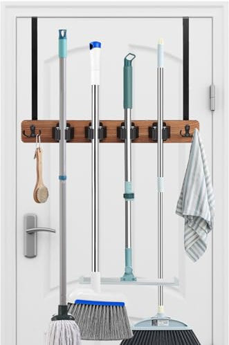 Cyiecw Besenhalterung Wand oder Besenhalter über der Tür, Bohrbare Werkzeug Wandhalterung, Holz Edelstahl Besen Mop Werkzeug Gartengerätehalter, Tür Organizer mit 4 Halter und 2 Haken, 1PCS (Braun)